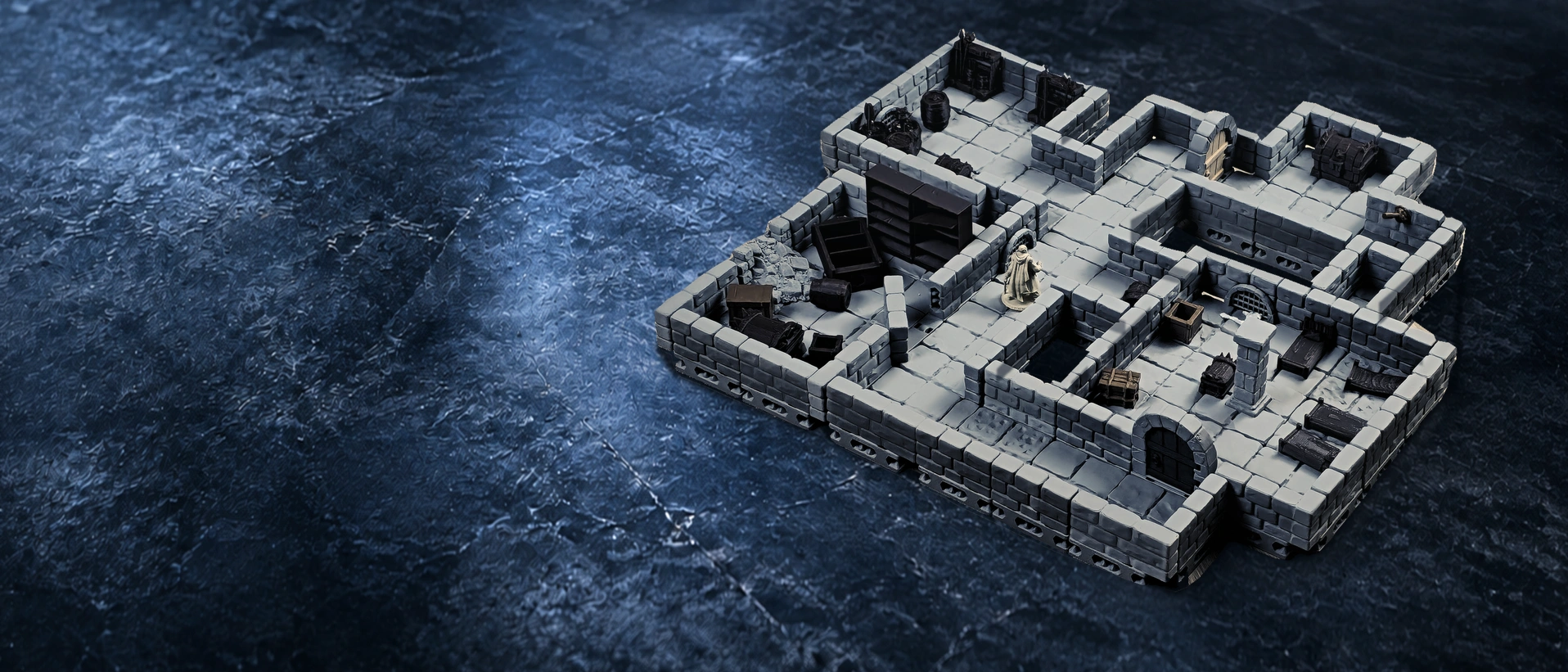 My dungeon build, with furnished rooms and a miniature.