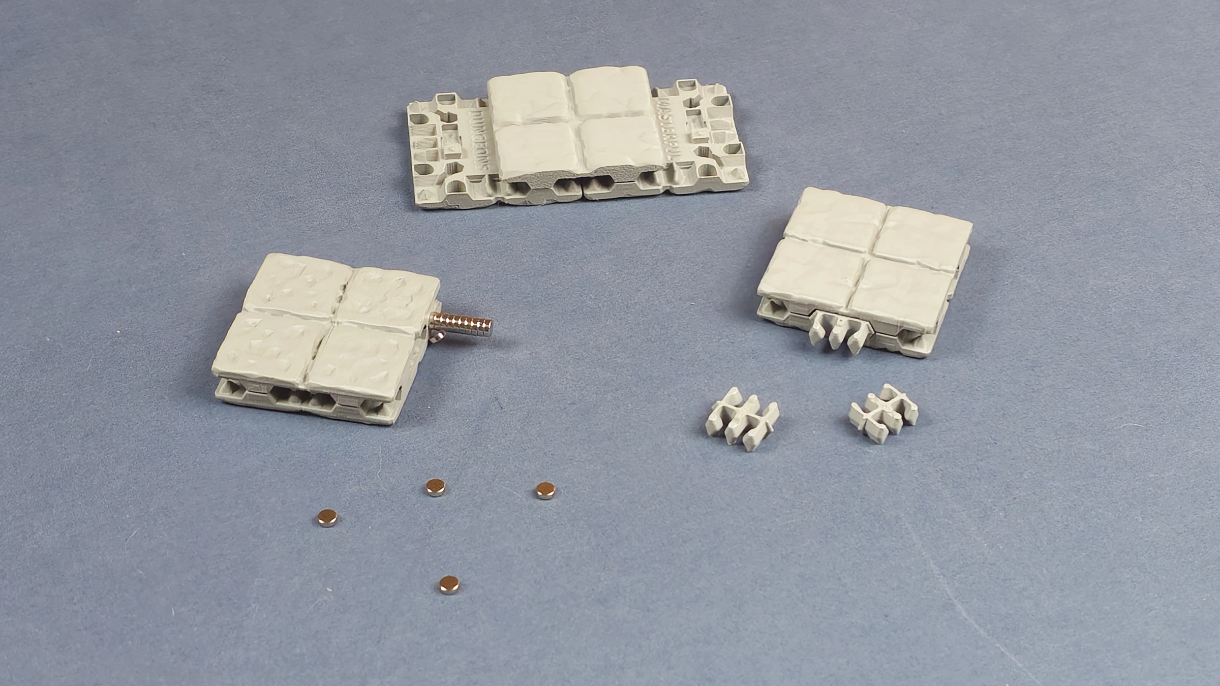 Three tile examples showing overlapping halves, magnets and clips